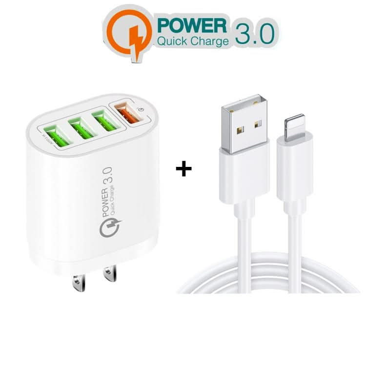 QC-04 QC3.0 + 3 x USB2.0 Multi-ports Charger with 3A USB to 8 Pin Data Cable,US Plug