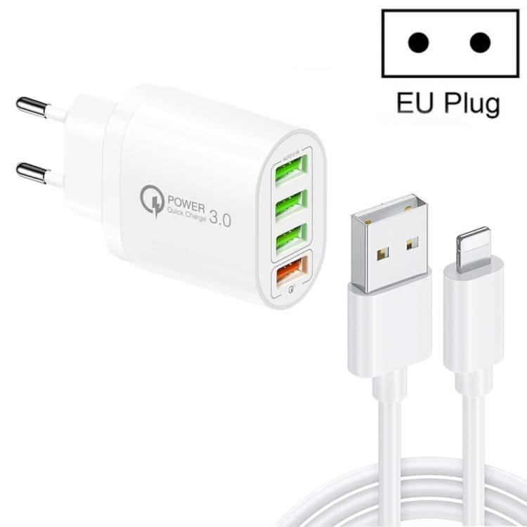 QC-04 QC3.0 + 3 x USB2.0 Multi-ports Charger with 3A USB to 8 Pin Data Cable, EU Plug