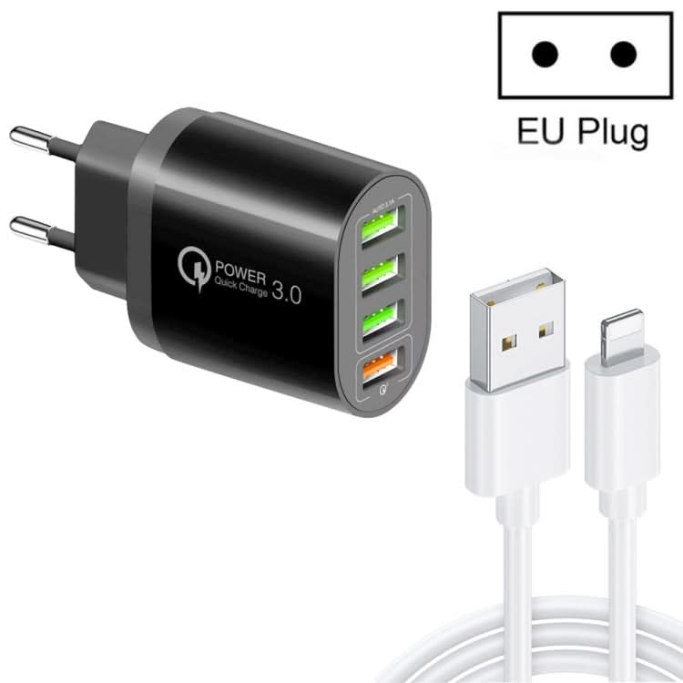 QC-04 QC3.0 + 3 x USB2.0 Multi-ports Charger with 3A USB to 8 Pin Data Cable, EU Plug