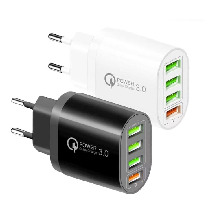 QC-04 QC3.0 + 3 x USB2.0 Multi-ports Charger with 3A USB to 8 Pin Data Cable, EU Plug