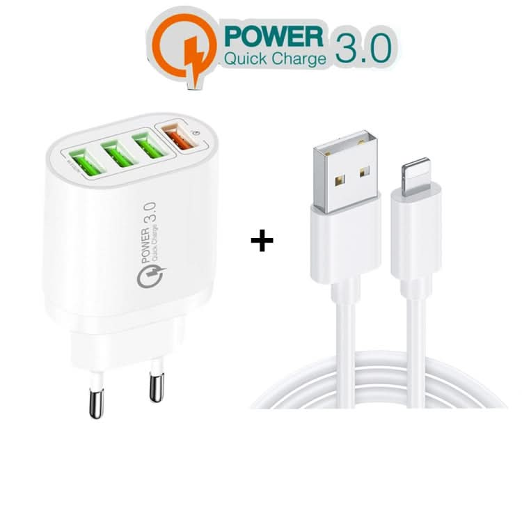 QC-04 QC3.0 + 3 x USB2.0 Multi-ports Charger with 3A USB to 8 Pin Data Cable, EU Plug