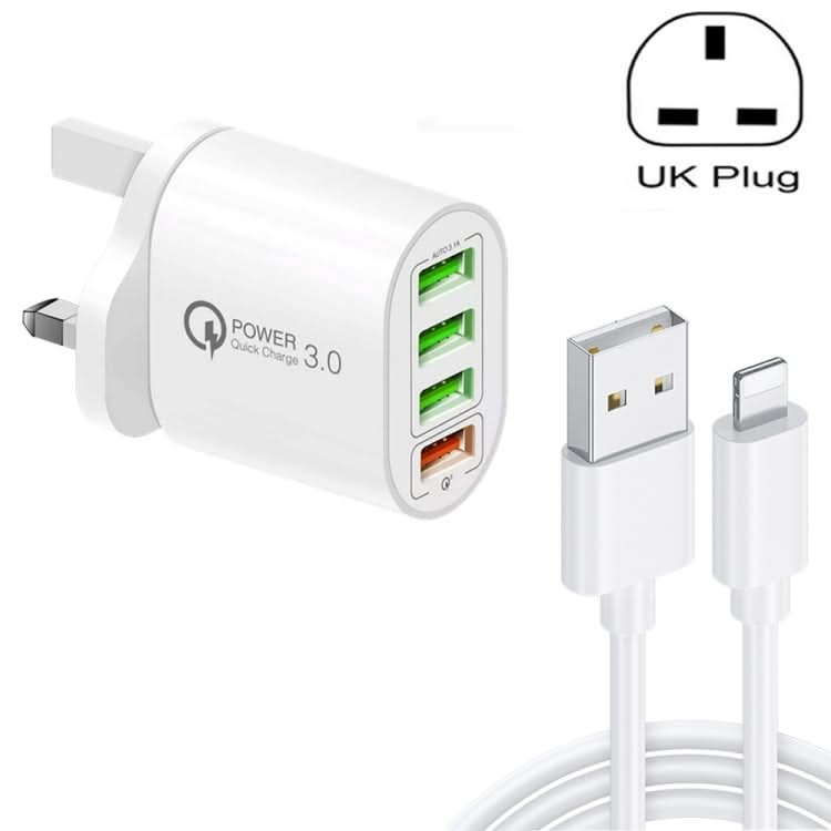 QC-04 QC3.0 + 3 x USB2.0 Multi-ports Charger with 3A USB to 8 Pin Data Cable, UK Plug