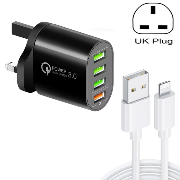 QC-04 QC3.0 + 3 x USB2.0 Multi-ports Charger with 3A USB to 8 Pin Data Cable, UK Plug