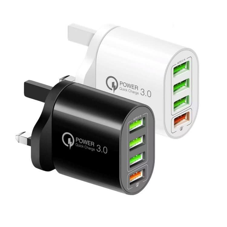 QC-04 QC3.0 + 3 x USB2.0 Multi-ports Charger with 3A USB to 8 Pin Data Cable, UK Plug