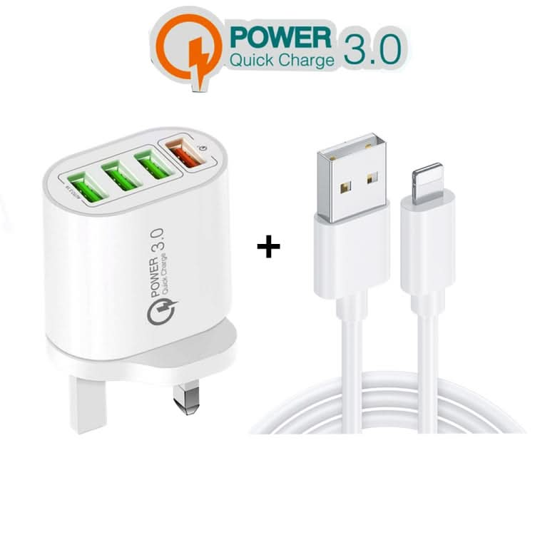 QC-04 QC3.0 + 3 x USB2.0 Multi-ports Charger with 3A USB to 8 Pin Data Cable, UK Plug