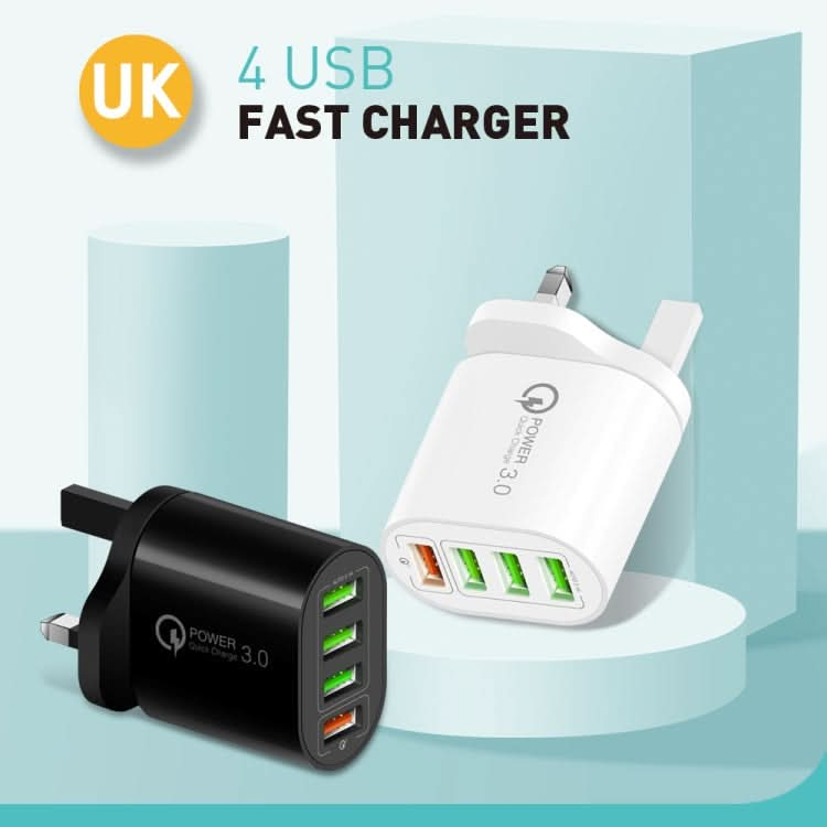 QC-04 QC3.0 + 3 x USB2.0 Multi-ports Charger with 3A USB to 8 Pin Data Cable, UK Plug