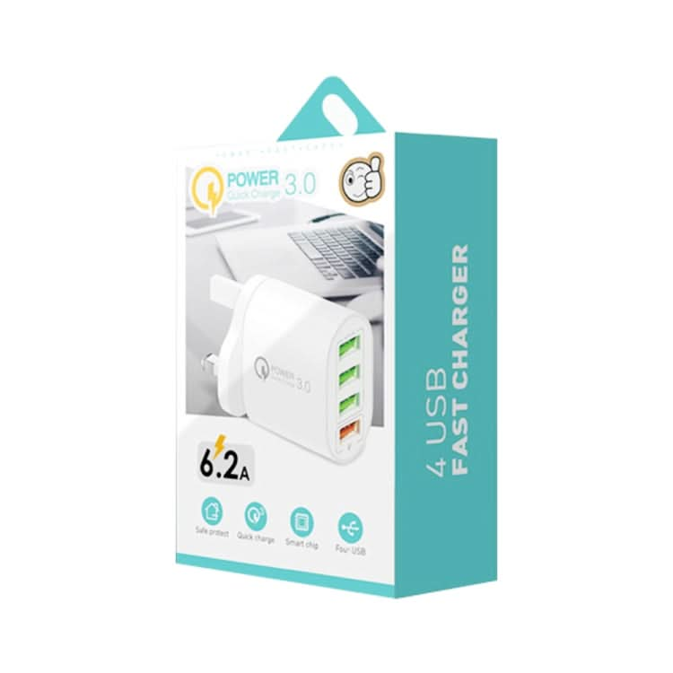 QC-04 QC3.0 + 3 x USB2.0 Multi-ports Charger with 3A USB to 8 Pin Data Cable, UK Plug