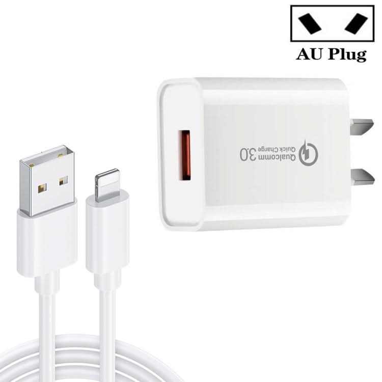 CA-25 QC3.0 USB 3A Fast Charger with USB to 8 Pin Data Cable, AU Plug