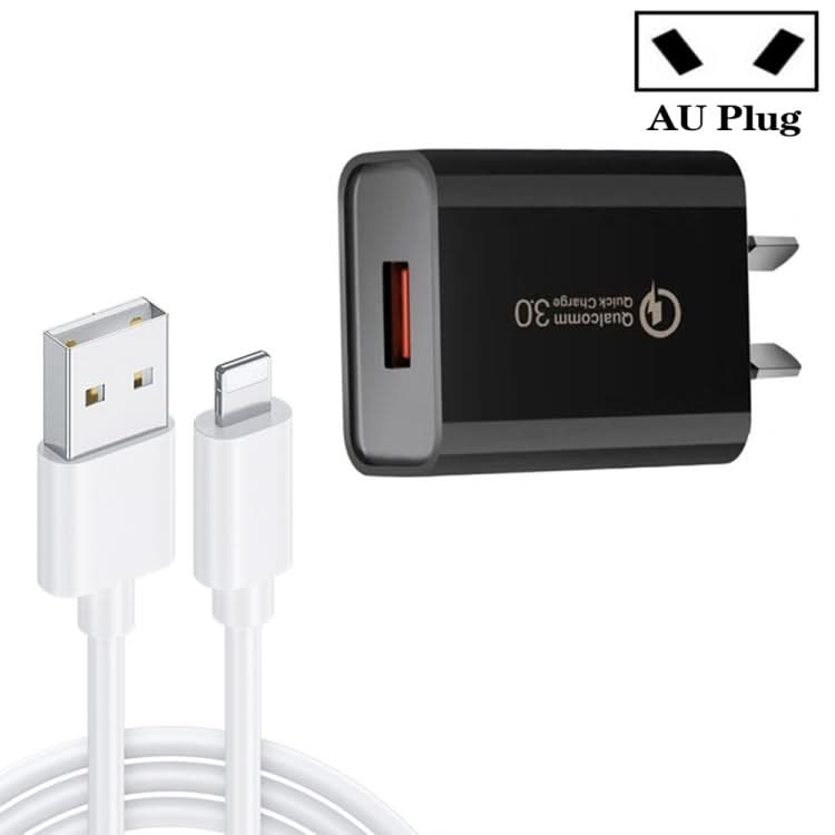 CA-25 QC3.0 USB 3A Fast Charger with USB to 8 Pin Data Cable, AU Plug