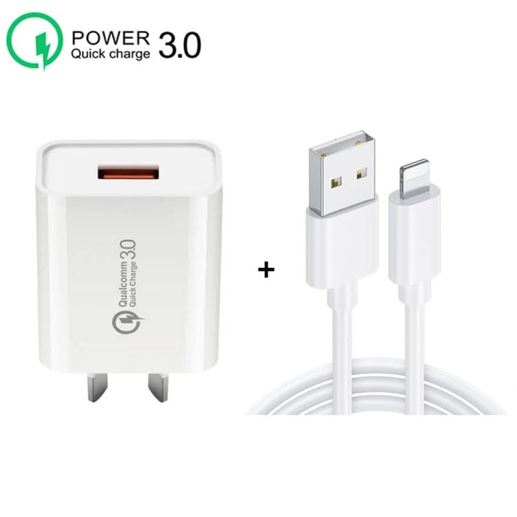 CA-25 QC3.0 USB 3A Fast Charger with USB to 8 Pin Data Cable, AU Plug