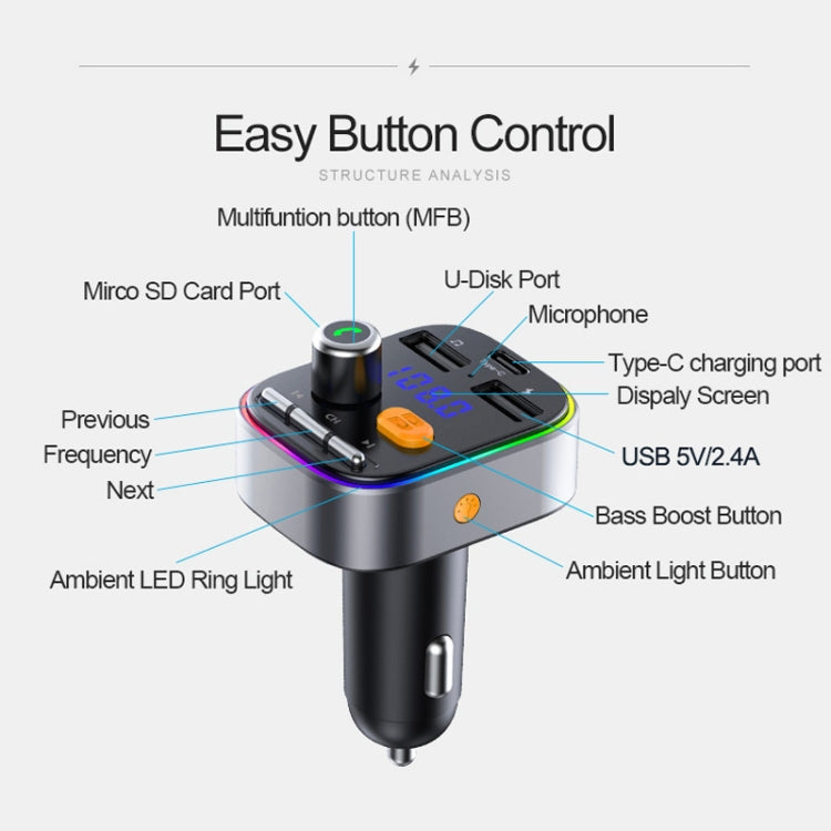 T48C Car Bluetooth 5.0 Fm Transmitter Kit Dual USB with Type-C 5V 2.4A Car Charger ÎҵÄÉ̵ê