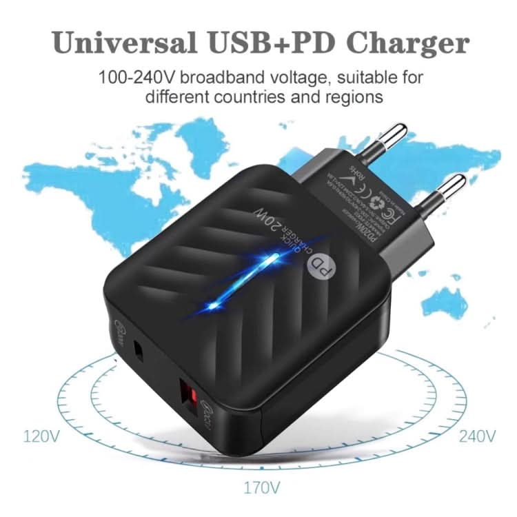 PD03 20W Type-C + QC3. 0 USB Charger with Indicator Light, EU Plug