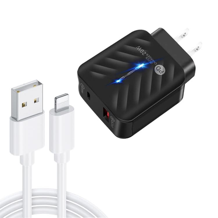 PD03 20W PD3.0 + QC3.0 USB Charger with USB to 8 Pin Data Cable, US Plug