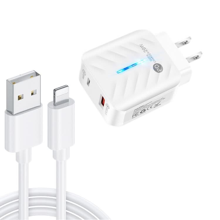 PD03 20W PD3.0 + QC3.0 USB Charger with USB to 8 Pin Data Cable, US Plug