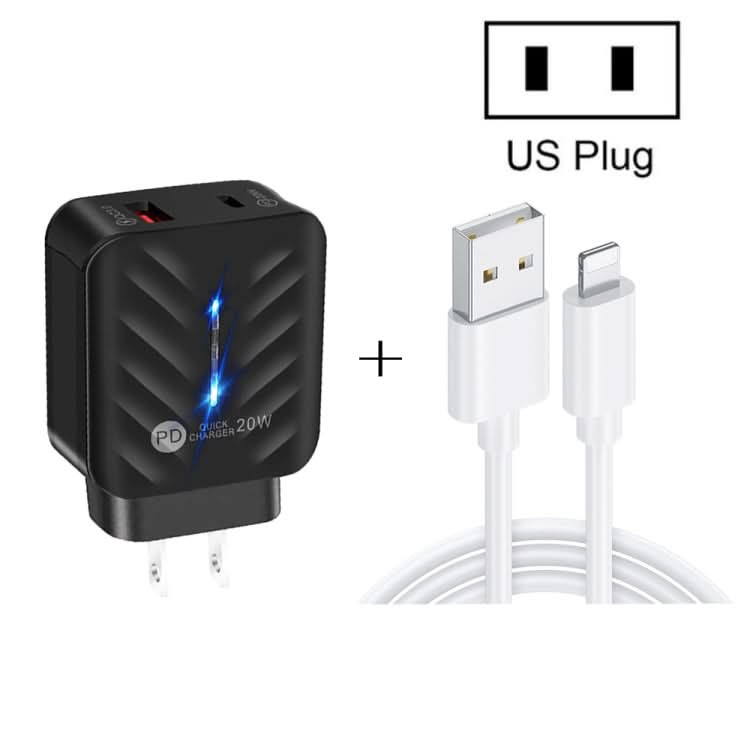 PD03 20W PD3.0 + QC3.0 USB Charger with USB to 8 Pin Data Cable, US Plug