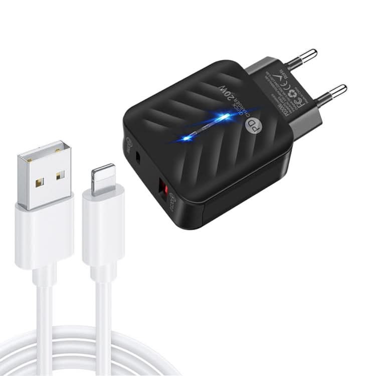 PD03 20W PD3.0 + QC3.0 USB Charger with USB to 8 Pin Data Cable, EU Plug