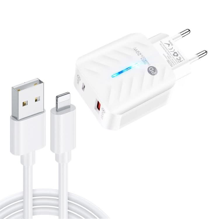 PD03 20W PD3.0 + QC3.0 USB Charger with USB to 8 Pin Data Cable, EU Plug