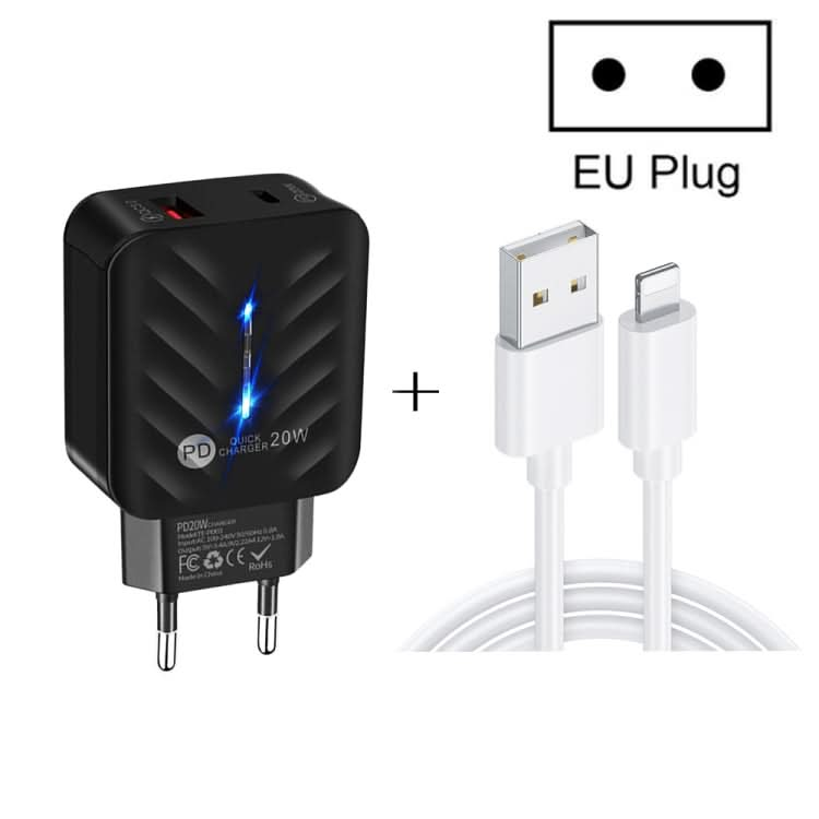 PD03 20W PD3.0 + QC3.0 USB Charger with USB to 8 Pin Data Cable, EU Plug