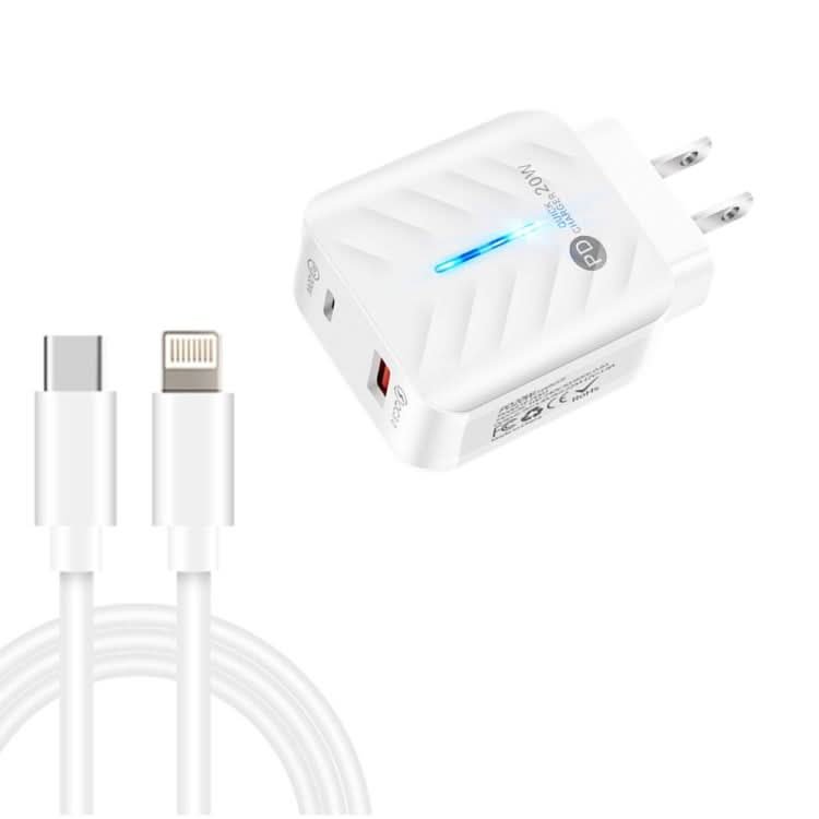 PD03 20W PD3.0 + QC3.0 USB Charger with Type-C to 8 Pin Data Cable, US Plug