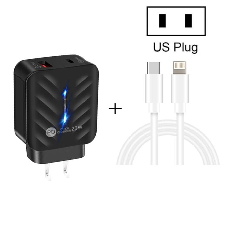 PD03 20W PD3.0 + QC3.0 USB Charger with Type-C to 8 Pin Data Cable, US Plug