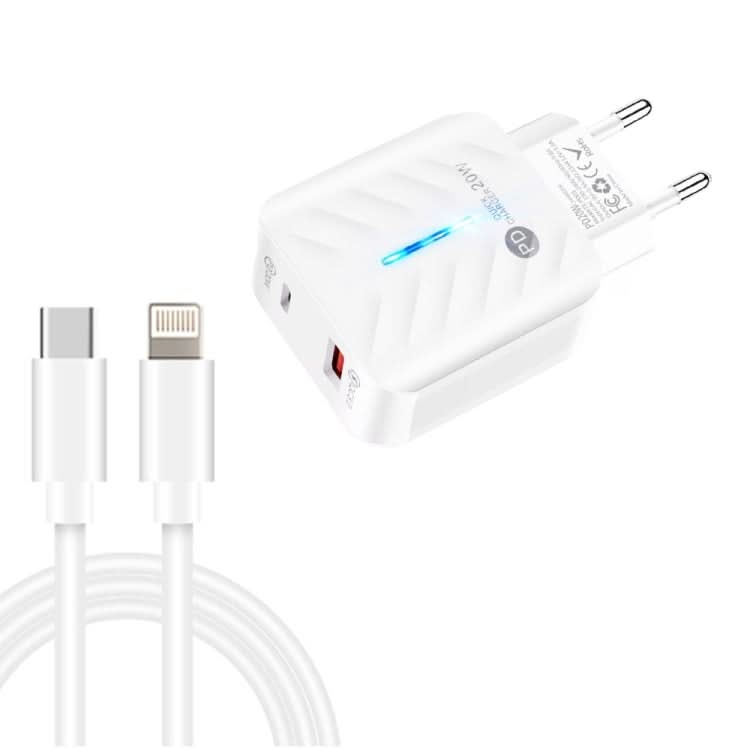 PD03 20W PD3.0 + QC3.0 USB Charger with Type-C to 8 Pin Data Cable, EU Plug