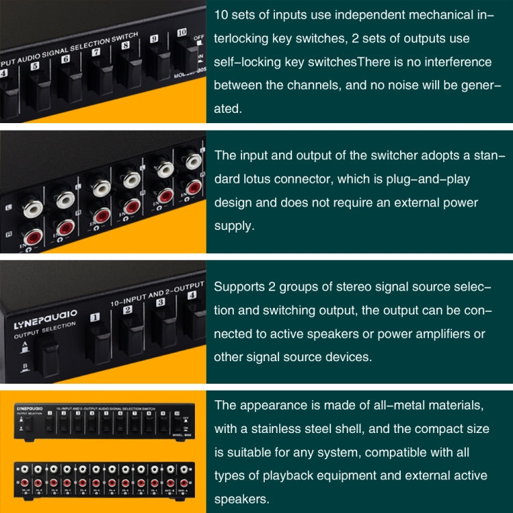 B059 10 In 2 Out / 2 In 10 Out 2-Way RCA Switch Audio Frequency Signal Select Shift Device Loudspeaker Box