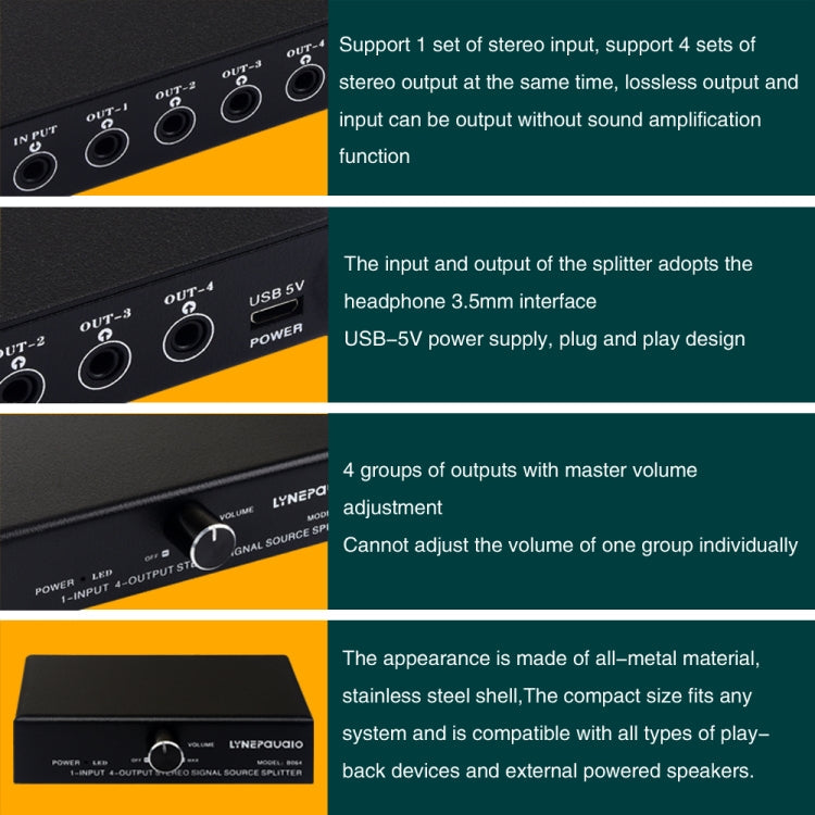 1 In 4 Out Audio Frequency Signal Splitter Distribute Device, Non Consumption, 3.5mm Interface Output