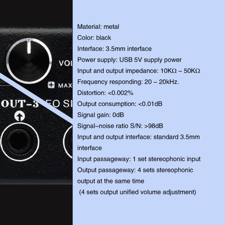 1 In 4 Out Audio Frequency Signal Splitter Distribute Device, Non Consumption, 3.5mm Interface Output