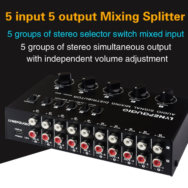 5 In 5 Out Audio Signal Selector Sound Mixing Distribute Device Input Independent Switch