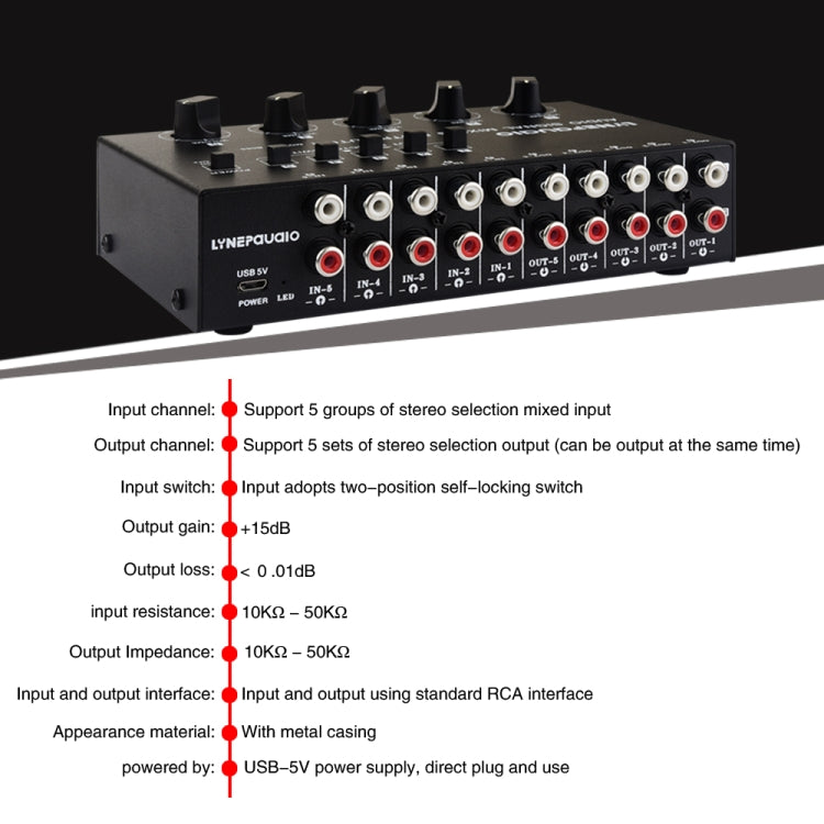 5 In 5 Out Audio Signal Selector Sound Mixing Distribute Device Input Independent Switch