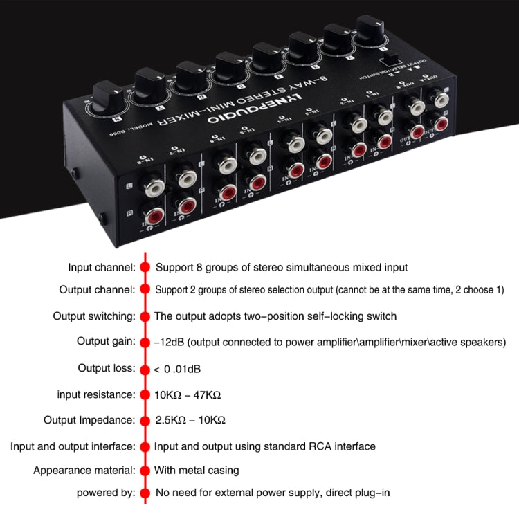 B066 Mini Stereo 8 Channel RCA Non Source Sound Passive Mixer, No Power Supply