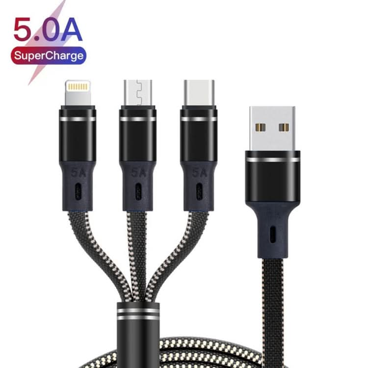 XJ-76 40W 5A 3 in 1 USB to 8 Pin + Type-C + Micro USB Super Flash Charging Cable, Length: 1.18m