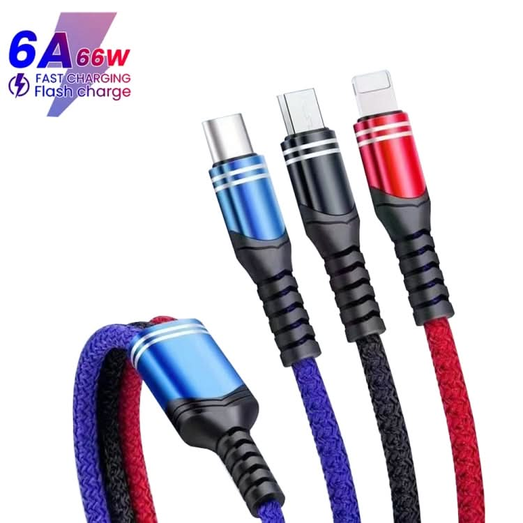 XJ-78 66W 6A 3 in 1 USB to 8 Pin + Type-C + Micro USB Super Flash Charging Cable, Length: 1.2m