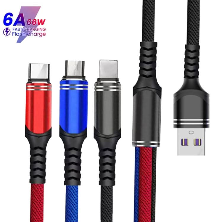 XJ-78 66W 6A 3 in 1 USB to 8 Pin + Type-C + Micro USB Super Flash Charging Cable, Length: 1.2m