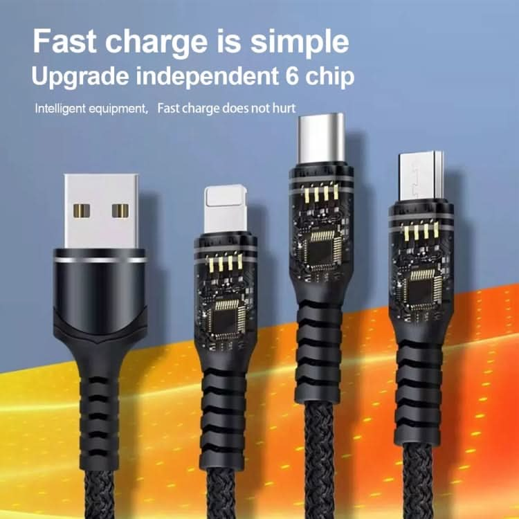 XJ-78 66W 6A 3 in 1 USB to 8 Pin + Type-C + Micro USB Super Flash Charging Cable, Length: 1.2m