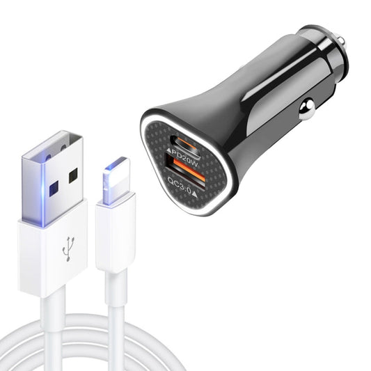 TE-P23 38W PD 20W USB-C / Type-C + QC3. 0 USB Triangle Car Charger + USB to 8 Pin Data Cable, Length: 1m