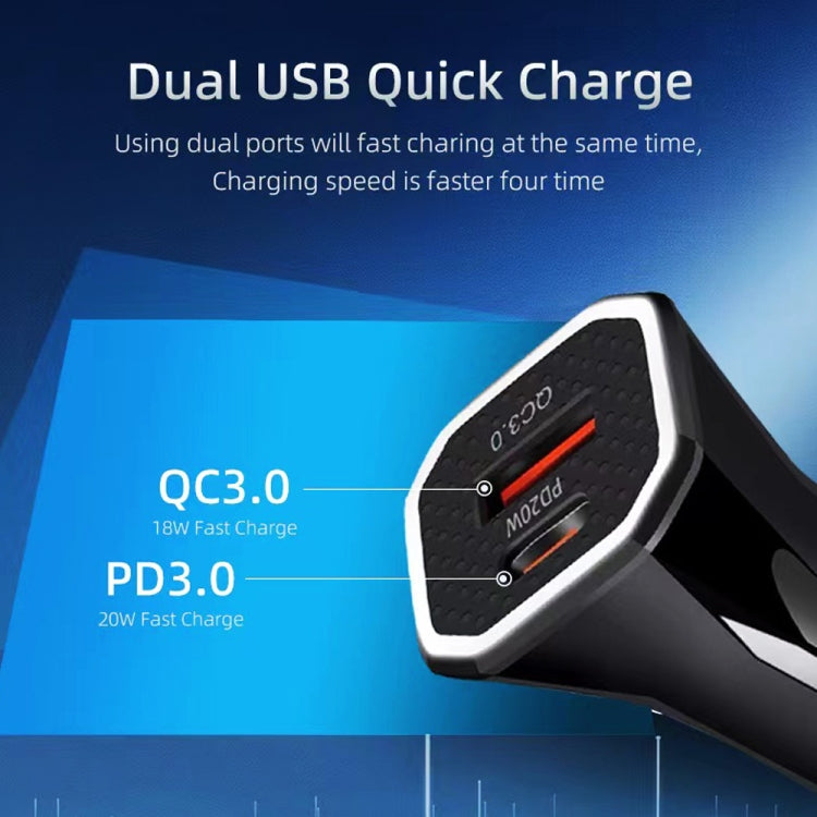 TE-P22 38W PD USB-C / Type-C + QC3. 0 USB Car Charger with 1m USB to 8 Pin Data Cable