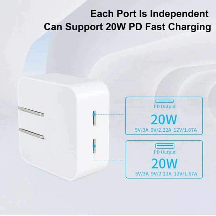 SDC-40W Dual PD USB-C / Type-C Ports Charger with Type-C to 8 Pin Data Cable, US Plug