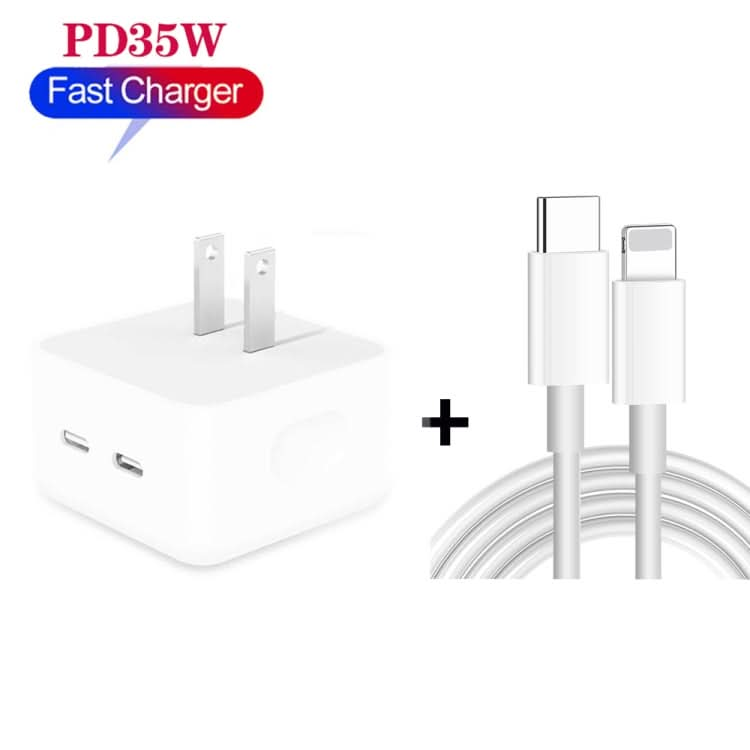 PD 35W Dual USB-C / Type-C Ports Charger with Type-C to 8 Pin Data Cable, US Plug