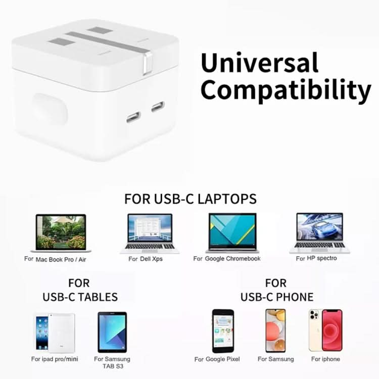 PD 35W Dual USB-C / Type-C Ports Charger with Type-C to 8 Pin Data Cable, UK Plug