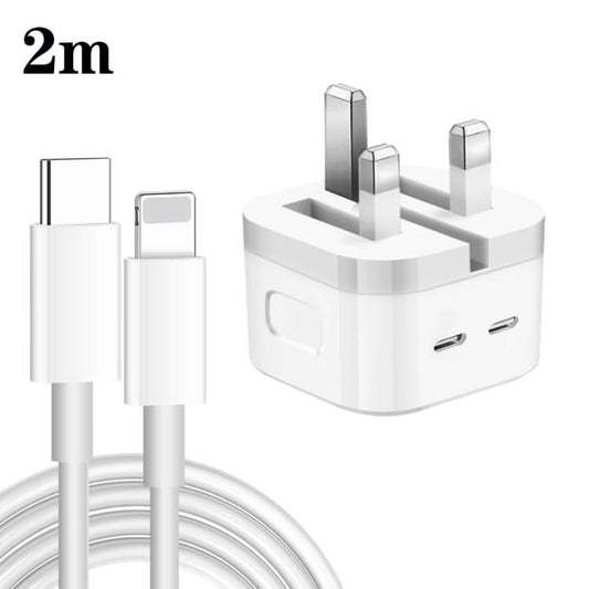 PD 35W Dual USB-C / Type-C Ports Charger with Type-C to 8 Pin Data Cable, UK Plug