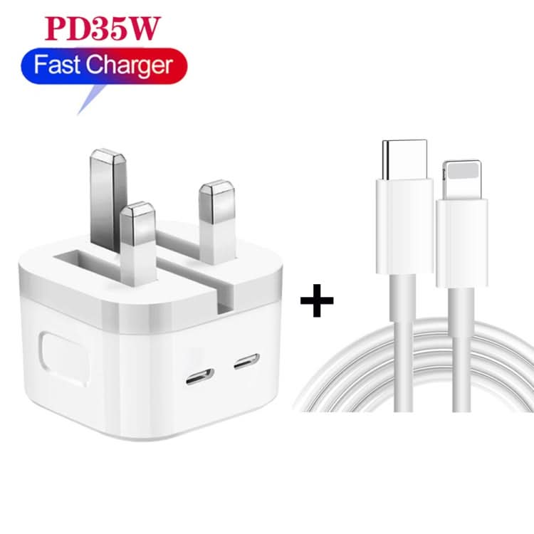 PD 35W Dual USB-C / Type-C Ports Charger with Type-C to 8 Pin Data Cable, UK Plug