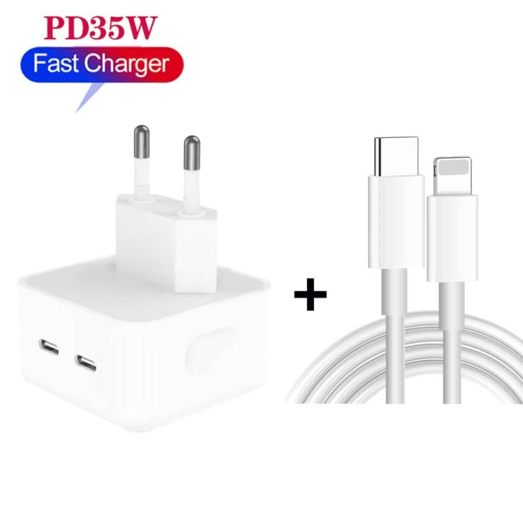 PD 35W Dual USB-C / Type-C Ports Charger with Type-C to 8 Pin Data Cable, EU Plug