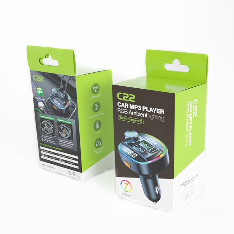 C22 Car Bluetooth 5.0 FM Transmitter LED Light Voltage Display QC 3.0 PD Charger ÎҵÄÉ̵ê