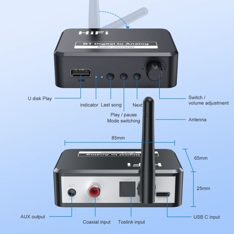 B35S Bluetooth 5.2 Music Receiver Digital to Analog Converter Supports U-disk Fiber Coaxial