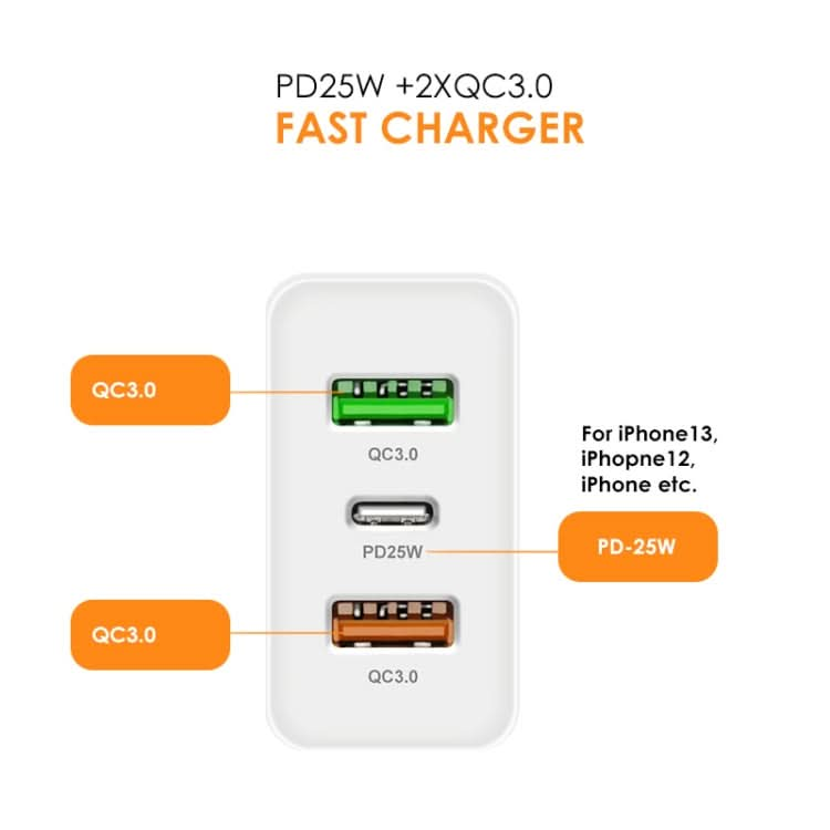 45W PD3.0 + 2 x QC3.0 USB Multi Port Quick Charger, US Plug