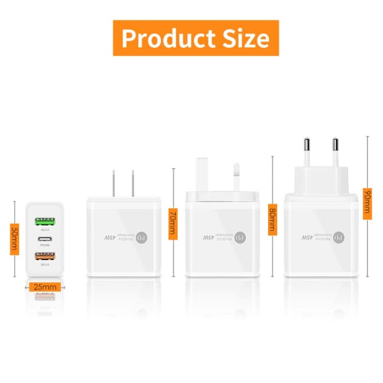 45W PD3.0 + 2 x QC3.0 USB Multi Port Quick Charger, EU Plug