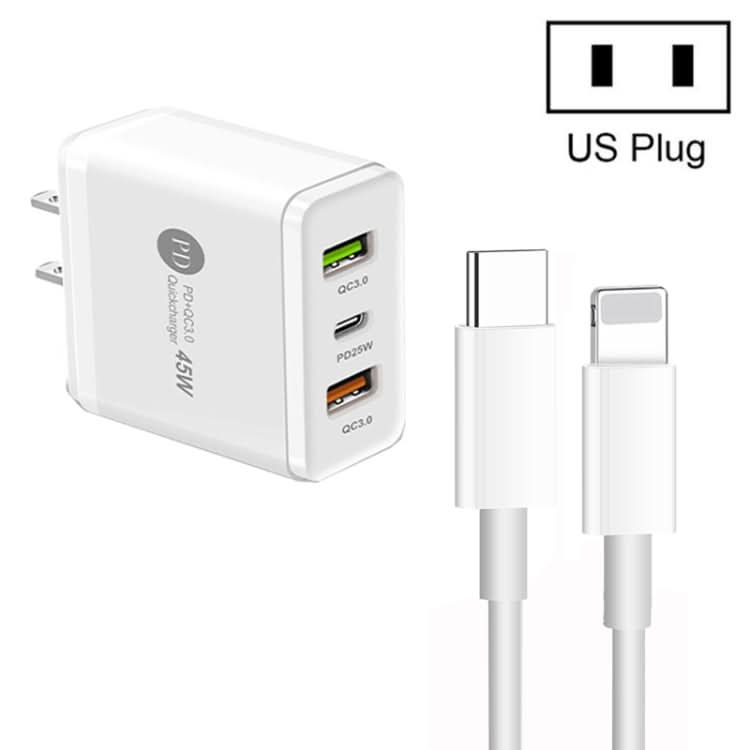 45W PD3.0 + 2 x QC3.0 USB Multi Port Charger with Type-C to 8 Pin Cable, US Plug