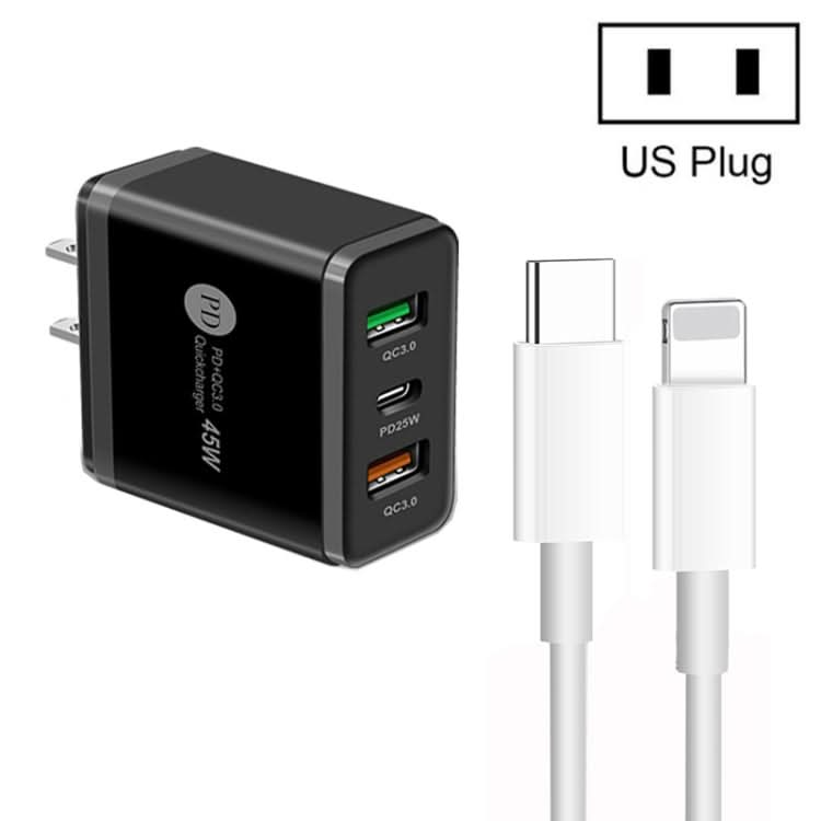 45W PD3.0 + 2 x QC3.0 USB Multi Port Charger with Type-C to 8 Pin Cable, US Plug