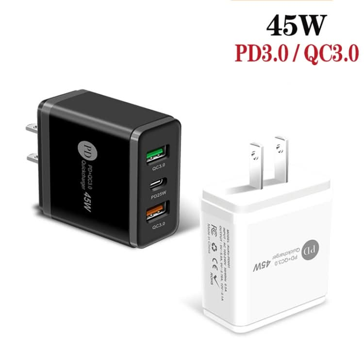 45W PD3.0 + 2 x QC3.0 USB Multi Port Charger with Type-C to 8 Pin Cable, US Plug